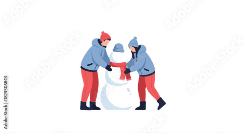  Minimal flat 2D scene on pure white a couple building a snowman together in winter clothes, with scarf and hat on the snowman. Stylized human forms, soft blue and red palette, no backgro