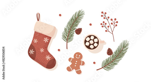 Minimalist 2D Christmas scene on white background featuring a cozy knitted stocking, pine branches with red berries, a gingerbread man, and a mug of hot cocoa with marshmallows. Flat vect