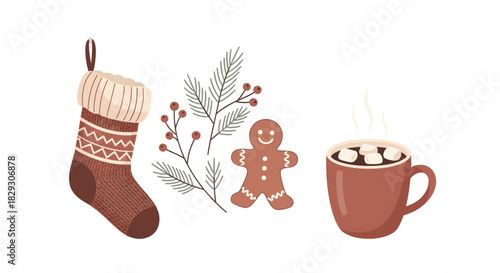 Minimalist 2D Christmas scene on white background featuring a cozy knitted stocking, pine branches with red berries, a gingerbread man, and a mug of hot cocoa with marshmallows. Flat vect