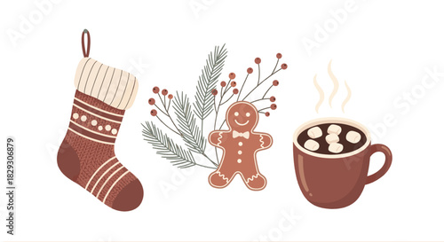 Minimalist 2D Christmas scene on white background featuring a cozy knitted stocking, pine branches with red berries, a gingerbread man, and a mug of hot cocoa with marshmallows. Flat vect
