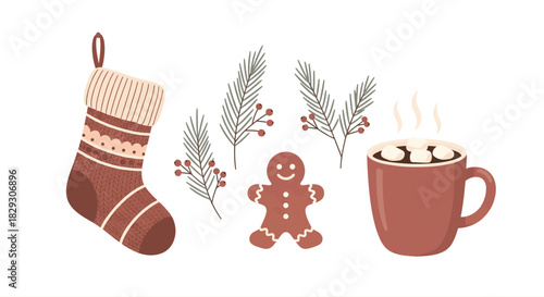 Minimalist 2D Christmas scene on white background featuring a cozy knitted stocking, pine branches with red berries, a gingerbread man, and a mug of hot cocoa with marshmallows. Flat vect