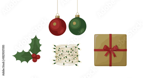 Simple 2D holiday illustration on pure white Christmas ornaments hanging on an invisible string, a string of fairy lights coiled neatly, a sprig of holly, and a gift box. Clean vector sty