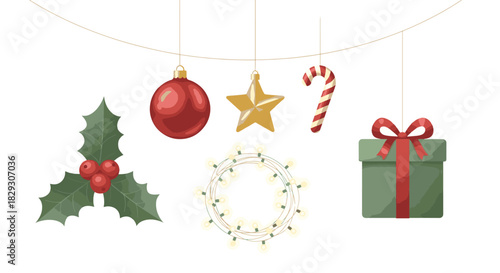 Simple 2D holiday illustration on pure white Christmas ornaments hanging on an invisible string, a string of fairy lights coiled neatly, a sprig of holly, and a gift box. Clean vector sty