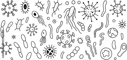 Set of viruses, bacteria and other microorganisms. Scientific vector illustration in sketch style  line art black and white 