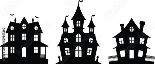 Spooky haunted house silhouettes with flying bats and crooked windows for a terrifying Halloween theme