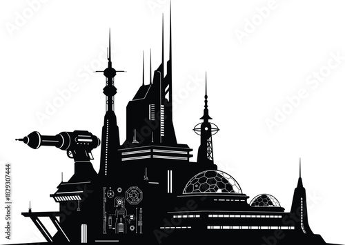 Futuristic space station silhouette with domes, spires, antennas, and cannon, ideal for sci-fi architecture, concept art, and storytelling.