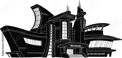 Modern museum building vector with futuristic architecture, towers, windows, entrance design, black and white style for art and culture themes