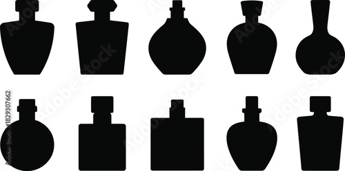 Ten varied black silhouette bottles, some with distinct caps, neatly arranged on a clean white background