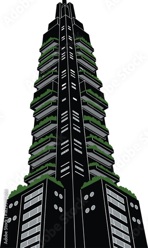 Modern eco-friendly skyscraper illustration with green balconies, black tiered architecture, sustainable urban design, vertical building concept, vector art style