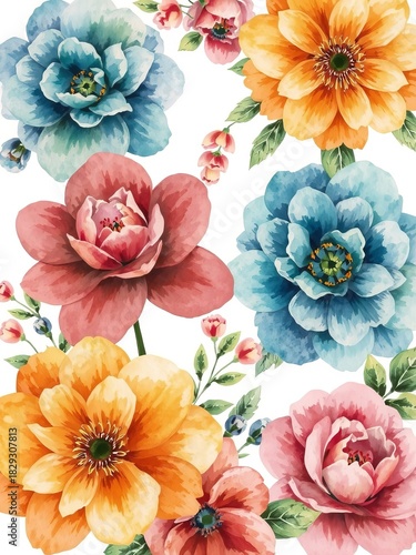 A vibrant and delicate watercolor painting features a collection of colorful flowers with soft petals and lush green leaves on a clean white backdrop displaying beauty.