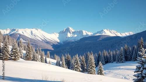 Snowy mountain peaks rise majestically above a tranquil forest of evergreen trees blanketed in pristine white snow under a clear blue winter sky landscape view.