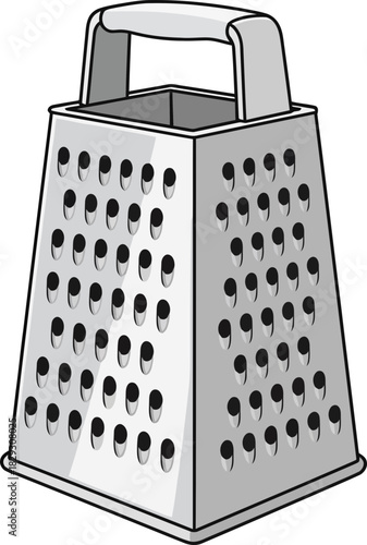 Illustration of a classic metal kitchen grater with a transparent background showcasing its textured surface and functional design