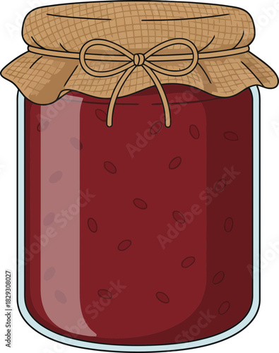 Hand-drawn illustration of a jam jar with a fabric cover and rustic twine bow on a transparent background