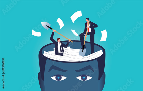 Businesspeople use shovels to clear out the files in their minds, reducing the stress of thinking or work