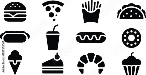 Twelve black silhouette icons representing popular fast food items and sweet desserts on a clean white field