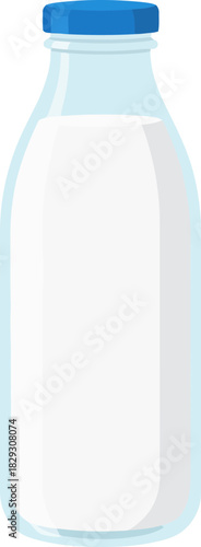 Minimalist Illustration of a Glass Milk Bottle with a Rounded Body and Blue Cap on a Transparent Background Perfect for Dairy Packaging Designs
