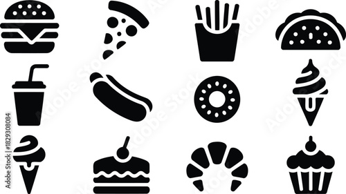 Twelve minimalist black icons showcasing various common fast food and confectionery items