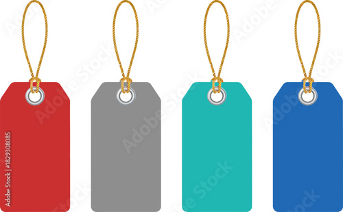 Set of colorful blank tags with hanging strings on a black background for labeling and decoration purposes