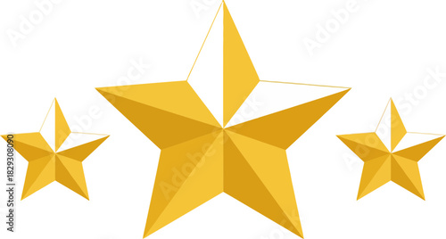 Three golden five-pointed stars with geometric shading against a black background emphasizing brilliance and symmetry in minimalist design