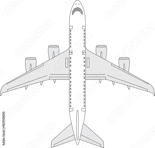 Top-Down View of a Commercial Aircraft in Flight Showing Wings Engines and Tail with a Simple Monochrome Design on a Black Background