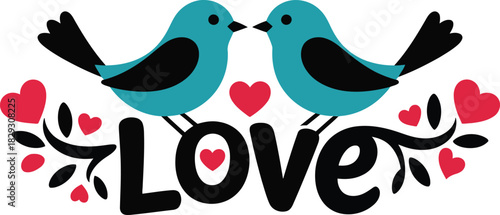 Two lovely blue birds kiss on a stylized branch adorned with red hearts and the word Love
