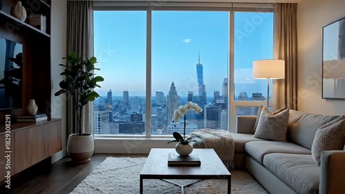 Luxurious Living Room With Cityscape View At Dusk With Sectional Sofa And Coffee Table