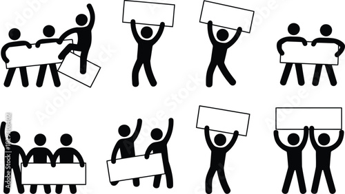 Various stick figures displaying blank signs and raising arms in expressions of protest or announcement