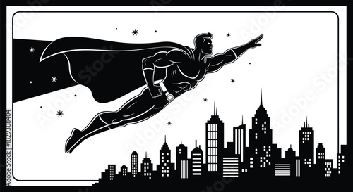 Superhero flying above city skyline at night with cape, stars, comic style, dynamic pose, protection, strength, and vigilance theme