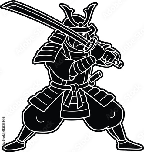 Samurai warrior in traditional armor holding katana sword in battle stance, bold black and white Japanese vector illustration