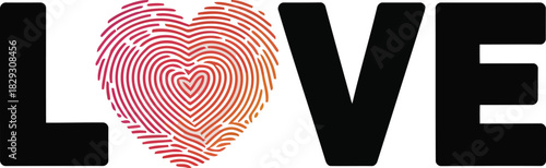 Vibrant heart shaped fingerprint forming the letter O in the word LOVE against a clean white background