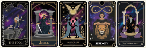 Mystical tarot set of five cards—The Fool, Justice, The Lovers, Strength, and The Hierophant—displayed with gold borders and cosmic purple-blue backgrounds in an ornate celestial style.