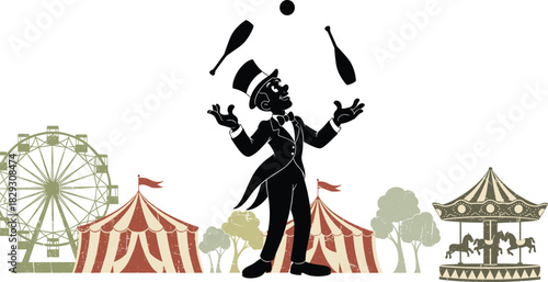 Vintage circus performer silhouette juggling clubs and ball with carnival tents, Ferris wheel, carousel, and whimsical fairground background