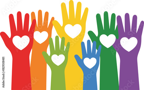Vibrant multicolored hands with prominent white heart cutouts symbolizing heartfelt solidarity and collective human spirit