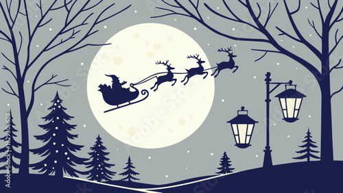 Santa sleigh flying over moonlit winter scene