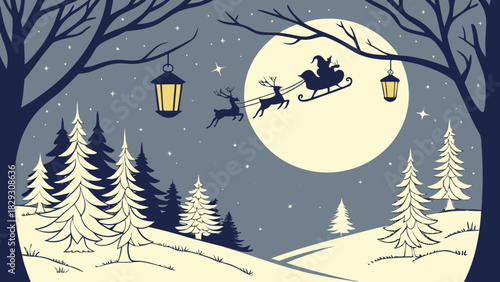 Santa sleigh flying over forest with full moon