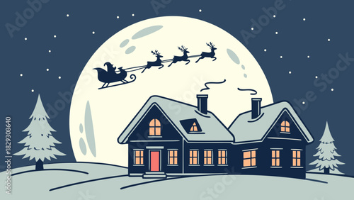 Santa flying over house on christmas night scene