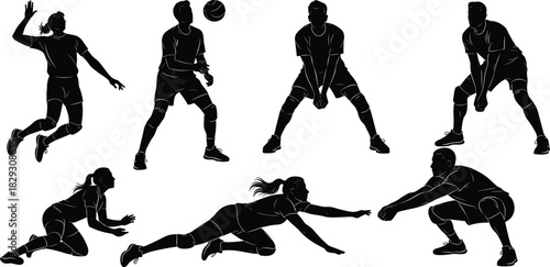 Set of Volleyball Player Silhouettes Serving Digging and Spiking Ball in Dynamic Action Poses for Sport Team and Game Design Vector.