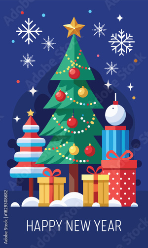 Celebrate the New Year with festive Christmas trees, colorful gifts, and sparkling snowflakes perfect for holiday greetings and joyful designs