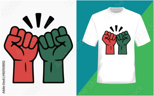 Red and green fists bumping together graphic symbol for unity isolated on white background, Vector