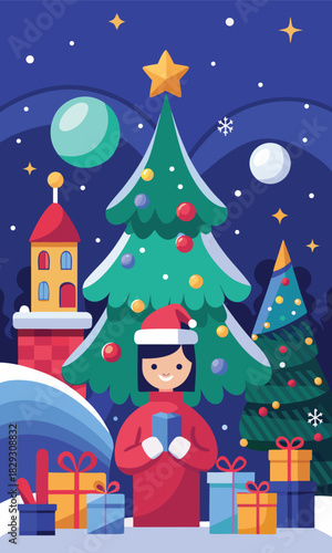 Cheerful girl in Santa hat holds gift near twinkling Christmas trees and presents, perfect for holiday greetings and seasonal promotions online