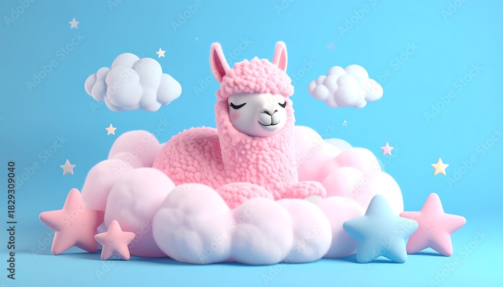 Obraz premium A cartoon alpaca snuggled in a fluffy bed, surrounded by plush toys and stars, with a peaceful smile, dreaming with a little cloud bubble.