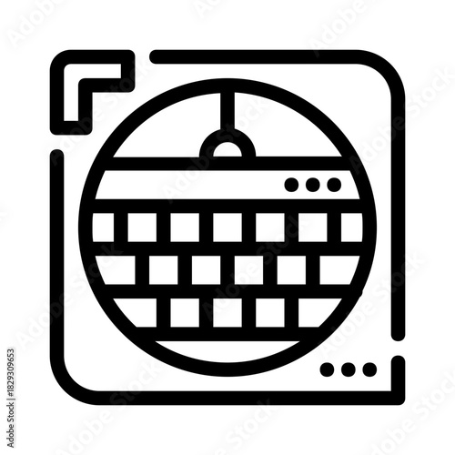 Disco ball illustration in a square border design suitable for party invitations, music event posters, and dance club flyers.
