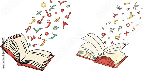 Enchanting Literacy: Two open books release a vibrant cascade of alphabets, symbolizing the magic of learning and the limitless possibilities of knowledge.