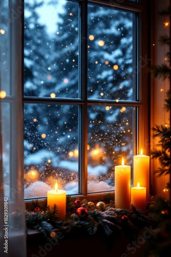 Four glowing pillar candles illuminate a festive winter window adorned with evergreen garland and ornaments, while heavy snow falls outside under a dark blue sky