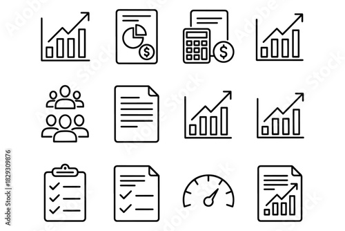 set of business icons,
Minimalist Business and Finance Icons – Line Art Grid of Analytics, Accounting, and Performance Symbols