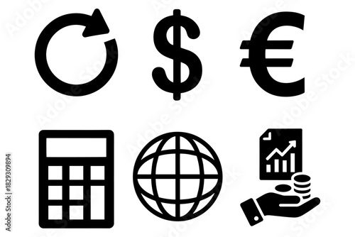 set of Finance Icons.
Minimalist Finance Icons.
Dollar, Euro, Calculator, Globe, and Investment Symbols