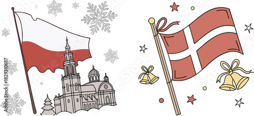 Danish and Polish Christmas: A festive illustration of the Danish and Polish flags, adorned with holiday elements, showcasing a blend of national pride and seasonal cheer.