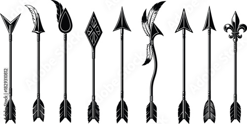Collection of Stylized Arrows with Feathers, Ornaments, and Unique Tips, Including Fleur de Lis, Perfect for Tribal Tattoo Art, Archery Graphics, or Fantasy Design.