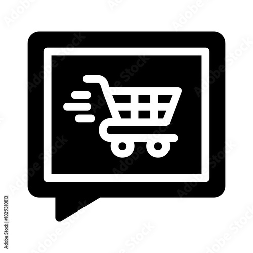 Fast moving shopping cart in a speech bubble perfect for advertising, ecommerce promotions, retail businesses, and online shopping concepts.
