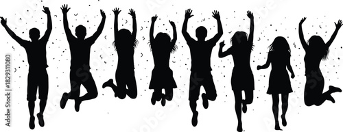 Dynamic Vector Illustration of Happy Friends Celebrating with Hands Up and Confetti, Symbolizing Joy, Freedom, Success, Teamwork, and Youthful Energy.